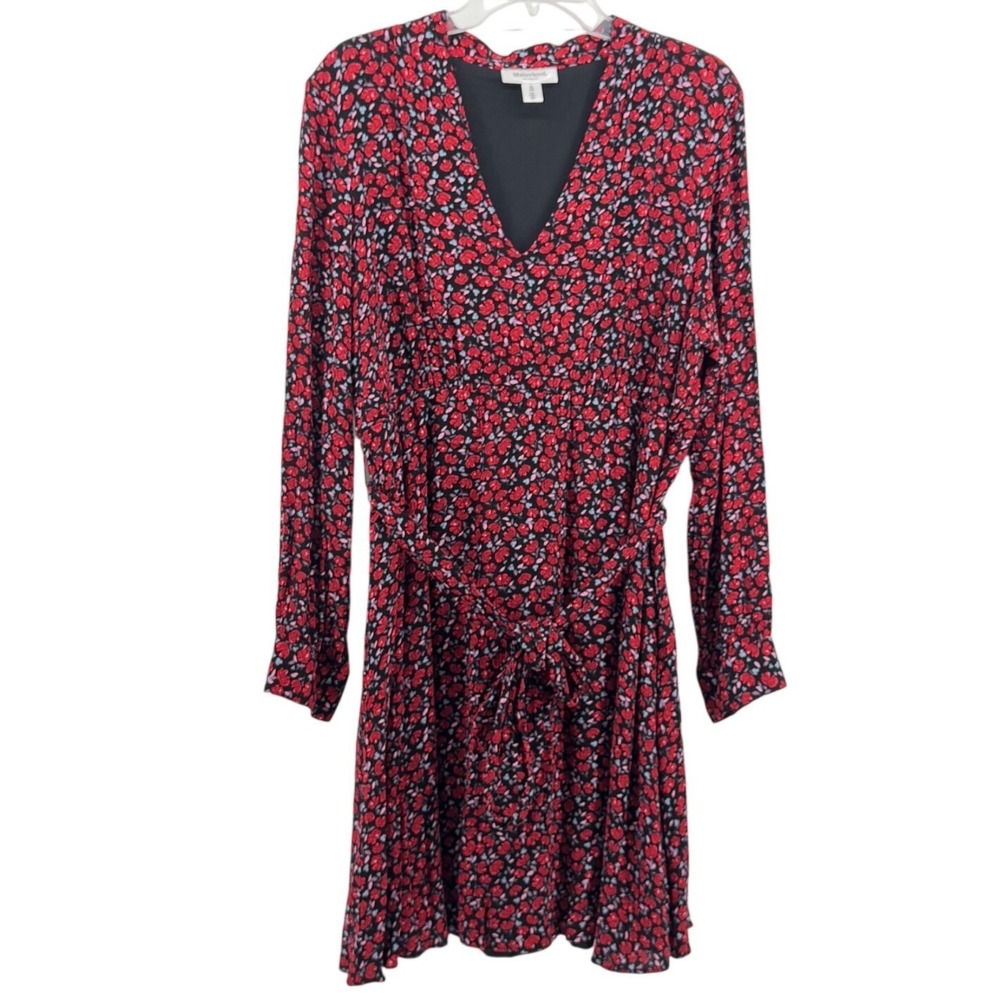 Motherhood Maternity Dress XL Floral Red Black V-Neck Long Sleeve Tie Waist